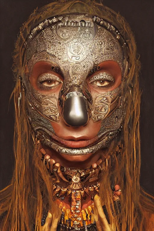 Prompt: portrait, headshot, digital painting, an beautiful techno - shaman lady in carved metal mask, realistic, hyperdetailed, chiaroscuro, concept art, art by frans hals