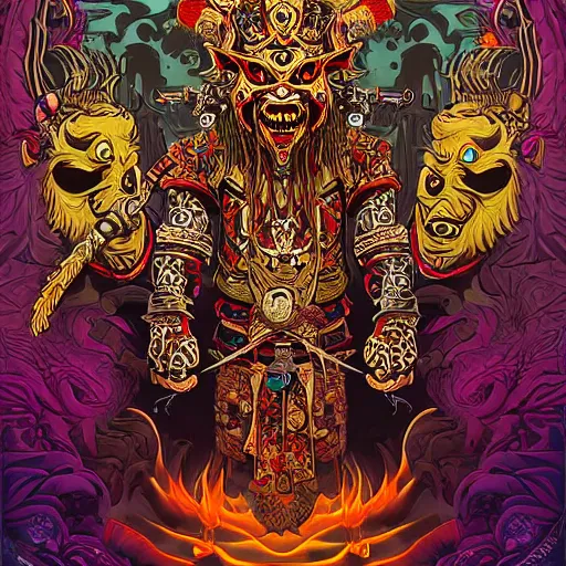 Prompt: barong family ancient sword with jewels, wiwek, mara demon, one single tribe member, jungle, one single mask, dark, ancient warrior, tribal, inner glow, art by dan mumford and justin gerard