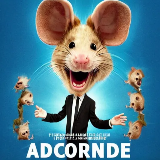 Image similar to movie poster of william dafoe as an anthropomorphic singing rat