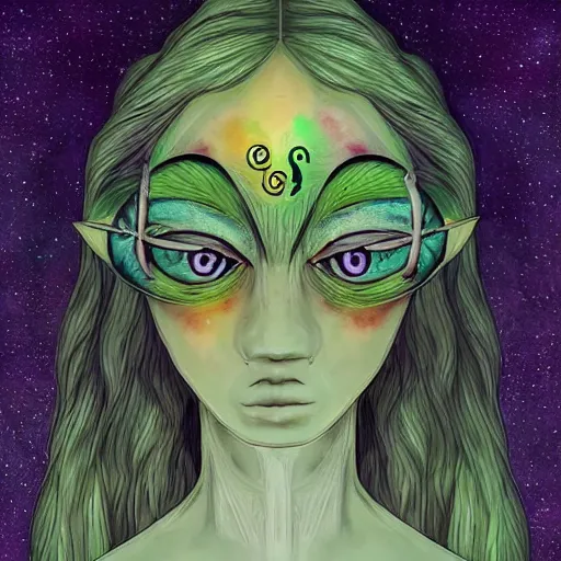 Image similar to two three eyed goddesses, third eye in middle of forehead, long necks, very wide shot, very !hairy bodies, beautiful colors, eye in forehead, beautiful lighting, very detailed, eyes reflecting into eyes reflecting into infinity