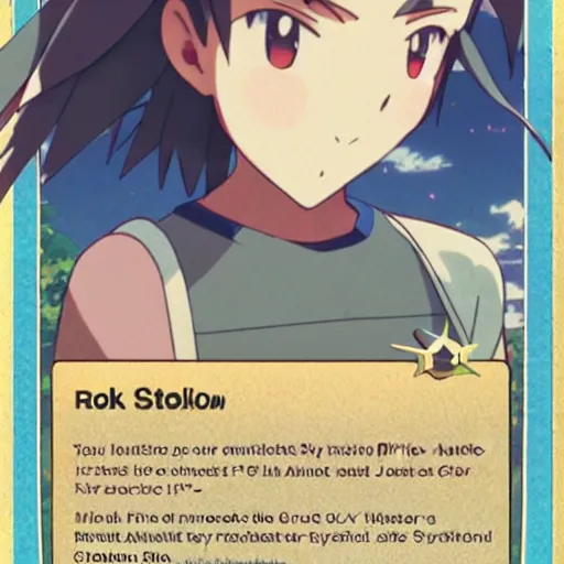 Image similar to a pokemon go card from 1 9 5 0, illustration, clear sky background, lush landscape, concept art, anime key visual, trending pixiv fanbox, by wlop and greg rutkowski and makoto shinkai and studio ghibli and kyoto animation, symmetrical facial features, rock pokemon trainer