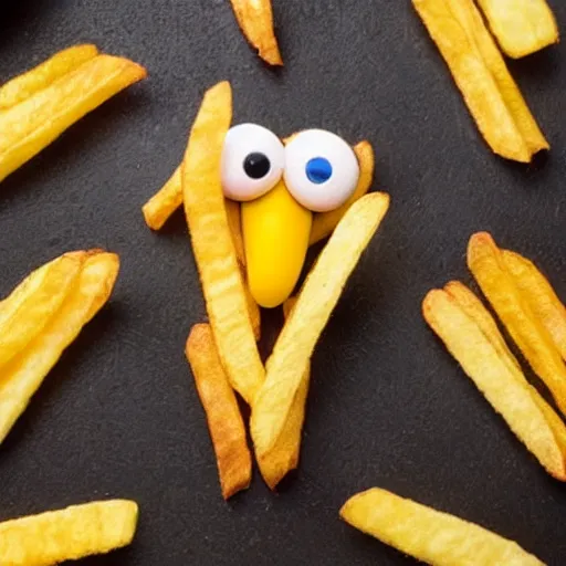 Image similar to photo of [ a single salted french fry chip ] shaped like that looks like stephen fry as a pixar character hybrid intercross mix cinematic lighting