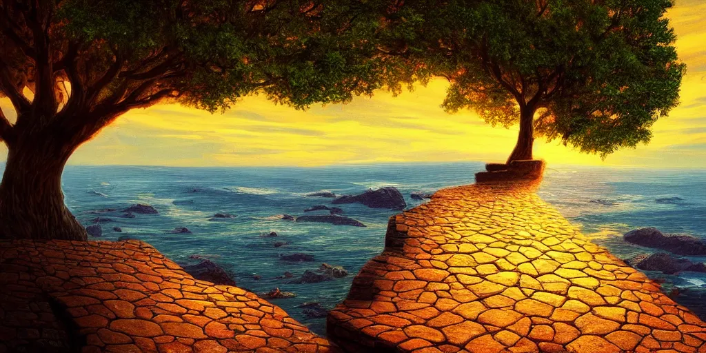 Prompt: a lonely cobblestone street with a tree on a cliff over the sea at sunset, brightly illuminated by rays of sun, artstation, colorful illustration by Brian Edward Miller