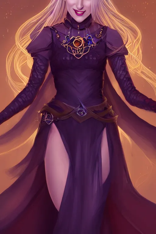 Image similar to portrait of a gorgeous female sorceress, looking at camera, D&D, choker on neck, stylish dark dress, arcane symbols, very long flowing blond hair, intricate, elegant, stylish, cute slightly nerdy smile, mouth slightly open, fantasy, extremely detailed, digital painting, artstation, concept art, smooth, sharp focus, illustration, stunning lighting, art by artgerm and greg rutkowski and alphonse mucha and simon stalenhag