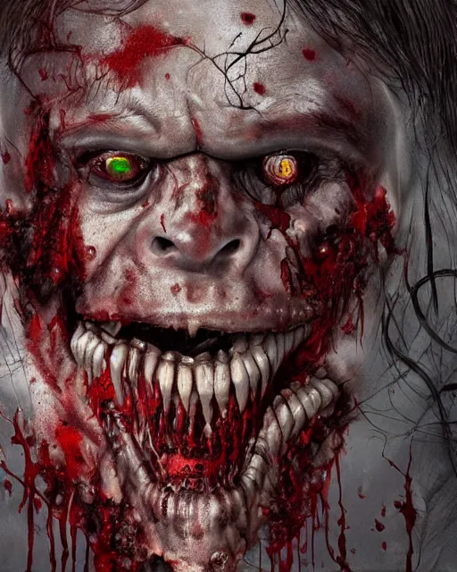 Prompt: Haunting horrifying hyperrealistic detailed painting of a huge muscular hulking flesh demon covered in thick black blood and bone showing through holes in the flesh, disgusting, creepy, unsettling, and bloodshot eyeballs, hyper detailed, trending on Artstation