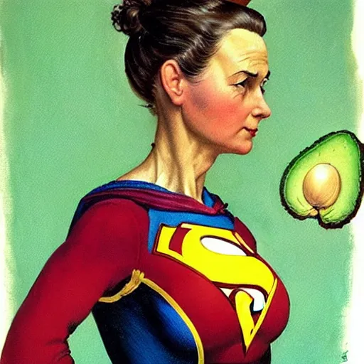 Image similar to Frontal portrait of a superheroine with avocado powers. Painting by Norman Rockwell.