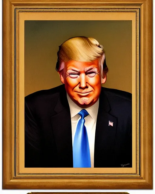 Image similar to donald trump serene, smirk, by john waterhouse