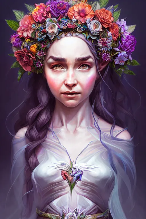 Image similar to digital art, centered full body elven bride with the face of emilia clark, vivid flower crown ,intricate, veins, by James Jean and by artgerm, by ross tran , ultradetailed, charachter design, concept art, trending on artstation,