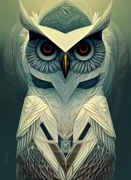 Image similar to portrait of a geometric owl, identical eyes, medium shot, illustration, full body made of white feathers, symmetrical, art stand, super detailed, cinematic lighting, and its detailed and intricate, gorgeous, by peter mohrbacher