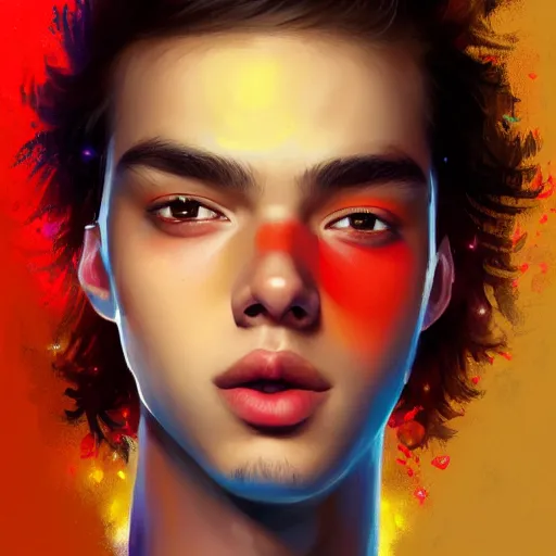 Image similar to colorful and festive captivating teenager with straight brown hair covering his eye, dark skin, big lips, wearing a red t - shirt. rich vivid colors, ambient lighting, dynamic lighting, 4 k, atmospheric lighting, painted, intricate, highly detailed by charlie bowater