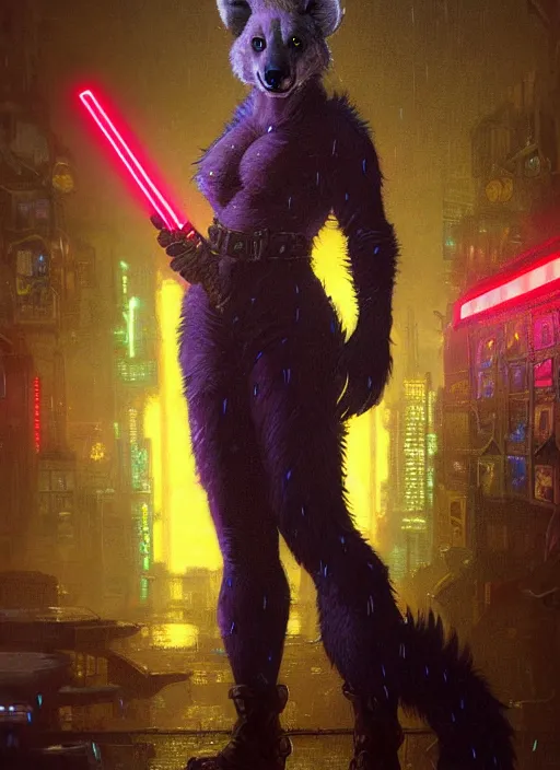 Image similar to beautiful full-body portrait commission of a [female furry anthro!!! spotted hyena fursona] [wearing jedi robes] [in a cyberpunk city at night in the rain]. Neon light. Atmospheric. Renowned character illustration by greg rutkowski, thomas kindkade, alphonse mucha, loish, norman rockwell. detailed, dungeons and dragons character art