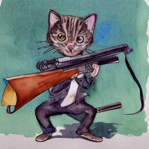 Prompt: an anthropomorphic cat using a sniper rifle to hunt a mouse. watercolor.