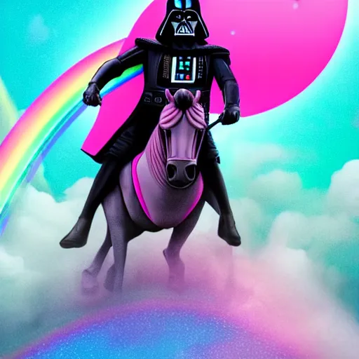 Prompt: beautiful matte painting, rainbow colored pink pink darth vader wearing pink wearing pink, riding a unicorn, riding a unicorn, riding a unicorn over a glittering rainbow in space by lisa frank and dan mumford, octane render, HDR, vivid color, volumetric lighting, unreal engine, concept art, CGsociety, trending on artstation