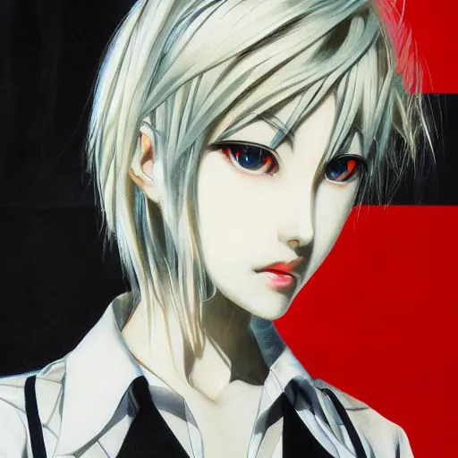 Image similar to Three quarter view Yoshitaka Amano style portrait of an anime girl with short white hair and different eyes wearing suit with patterns, abstract black and white background, film grain effect, highly detailed, oil painting, twin peaks color palette