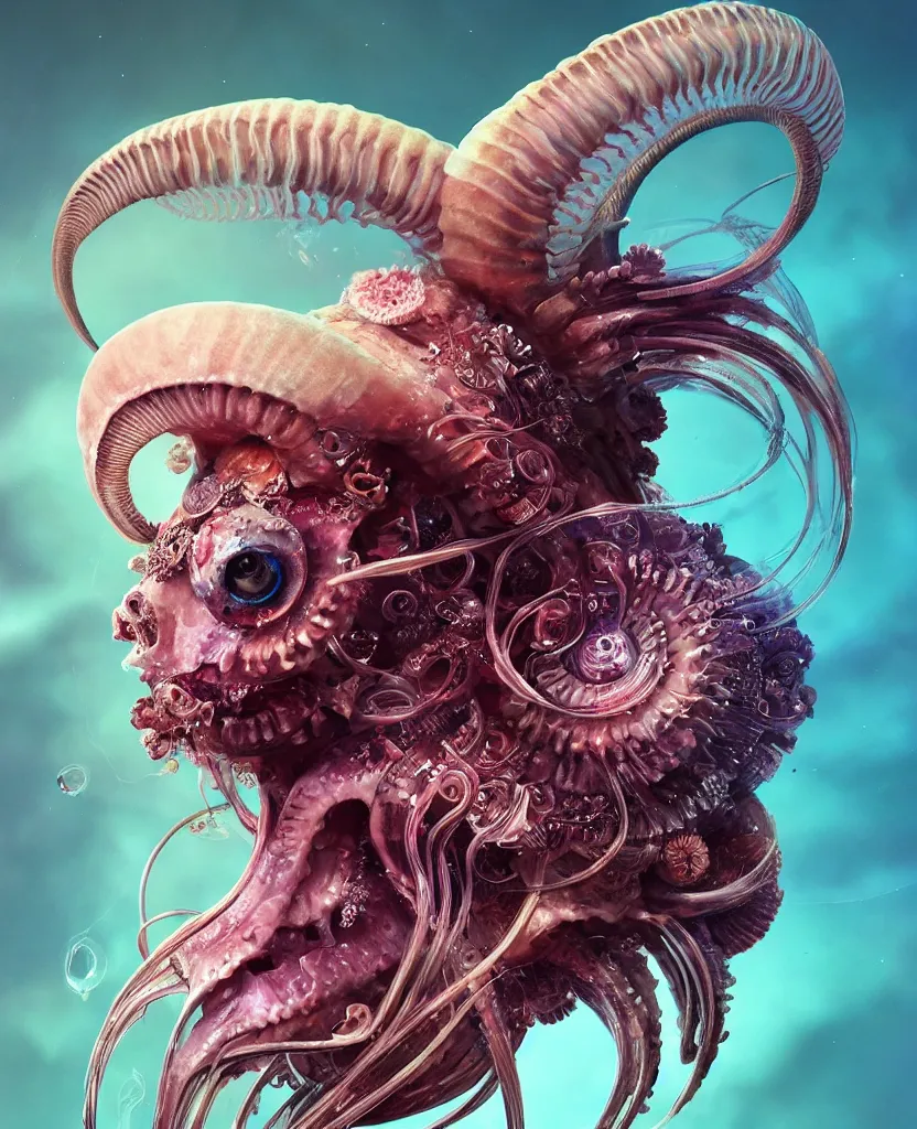 Image similar to goddess close-up portrait ram skull. eyes. jellyfish phoenix head, nautilus, orchid, skull, betta fish, bioluminiscent creatures, intricate artwork by Tooth Wu and wlop and beeple. octane render, trending on artstation, greg rutkowski very coherent symmetrical artwork. cinematic, hyper realism, high detail, octane render, 8k