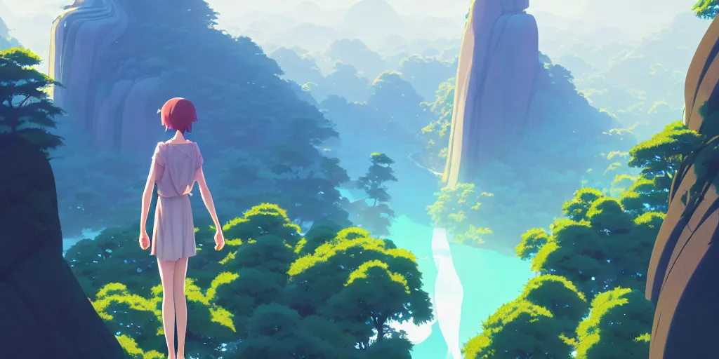 Image similar to evergreen valley, several waterfalls, ancient city, tall marble buildings, landscape, global illumination, morning light, radiant light, bird's eye view, by makoto shinkai and lois van baarle, ilya kuvshinov, rossdraws, tom bagshaw,