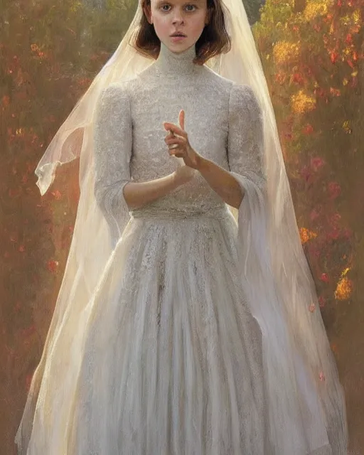 Image similar to a painting of a girl resembling alicia vikander or millie bobby brown in a wedding dress, highly detailed, intricate, artstation, concept art, by donato giancola