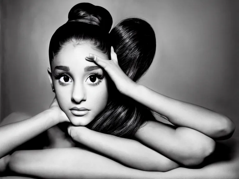 Image similar to award winning photo of Ariana Grande on a chesterfield lounge, symmetrical face, beautiful eyes, studio lighting, wide shot art by Sally Mann & Arnold Newman