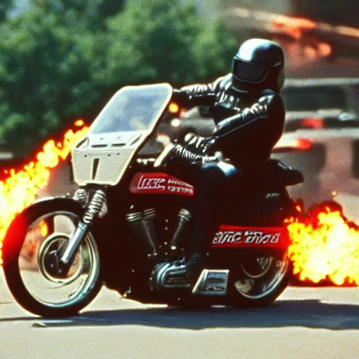 Image similar to film still from the 1995 movie 'Escape from Nerd Land'. Exciting action scene of a motorcycle and explosions. Sigma 85mm f/2.4