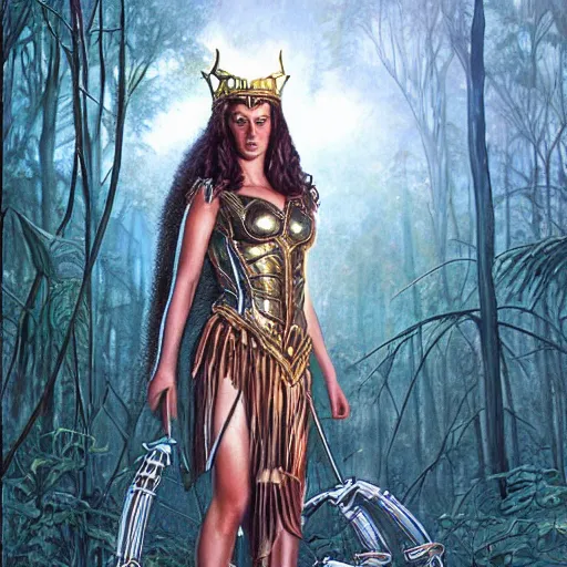 Prompt: keira knigjtley as amazon queen, in a metal forest, shadows, art by michael whelan