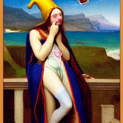 Image similar to A girl with jester hat and clothes on the front of a Balustrade with a beach on the background, major arcana cards, by paul delaroche, hyperrealistic