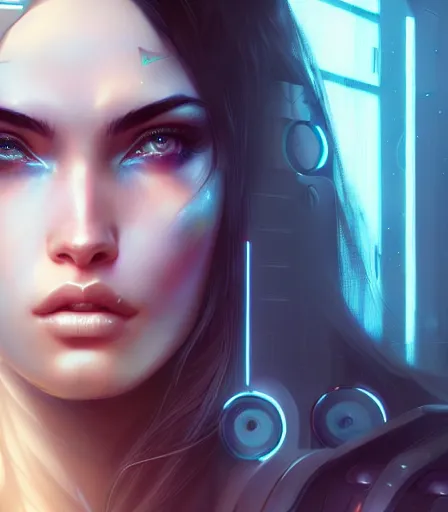 Image similar to beautiful portrait of a cyberpunk goddess who looks like Megan Fox , character design by charlie bowater, ross tran, artgerm, and makoto shinkai, detailed, soft lighting, rendered in octane