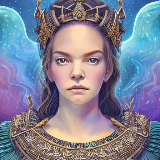 Image similar to a portrait of a older anya taylor - joy as the goddess minerva surrounded by stacks of books, bioluminescent gown with deep level of detail of esoteric symbols, urban motifs, intricate, elegant, highly detailed, digital painting, trending on artstation, concept art, smooth sharp focus, illustration, art by artgerm and greg rutkowski