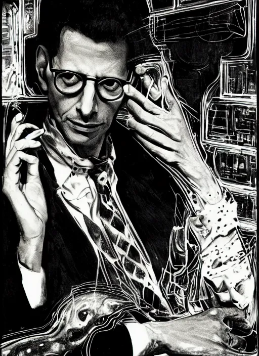 Image similar to portrait of jeff goldblum in the fly ( 1 9 8 6 ), highly detailed, centered, concept art, smooth, sharp focus, illustration, rick griffin, bob fried, victor moscoso, randy tuten, david singer