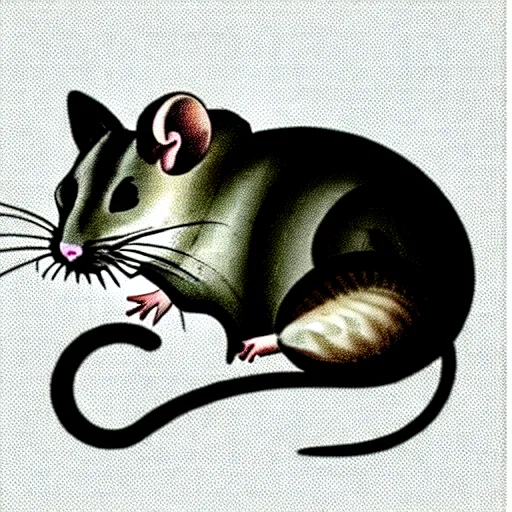 Image similar to a rat with a cat's head and a snail shell on its back, 1 9 7 0 s style