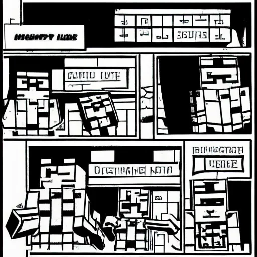 Prompt: Minecraft comic page, inked, superhero comic