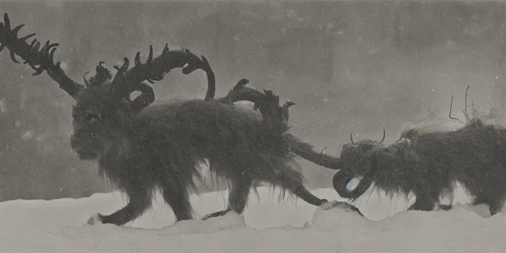 Image similar to 1 9 2 0 s photography of krampus hay monsters submerged in snow