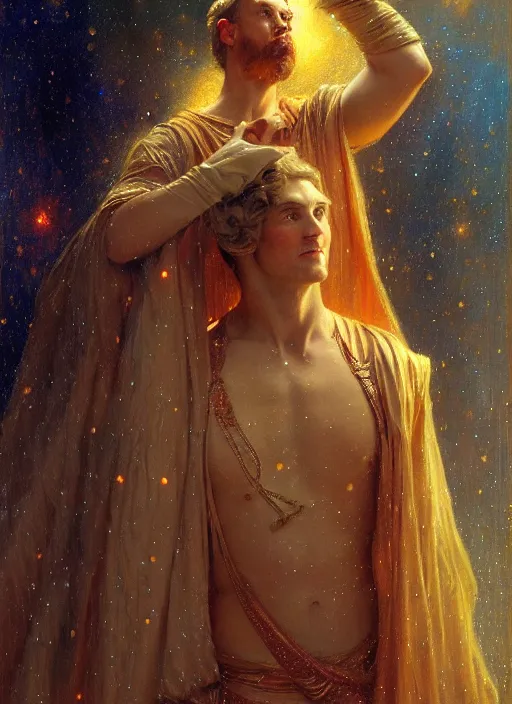 Image similar to billy hill, god of starlight, modest flowing gown, smug expression, highly detailed painting by gaston bussiere, craig mullins, j. c. leyendecker 8 k, sparkling nebula