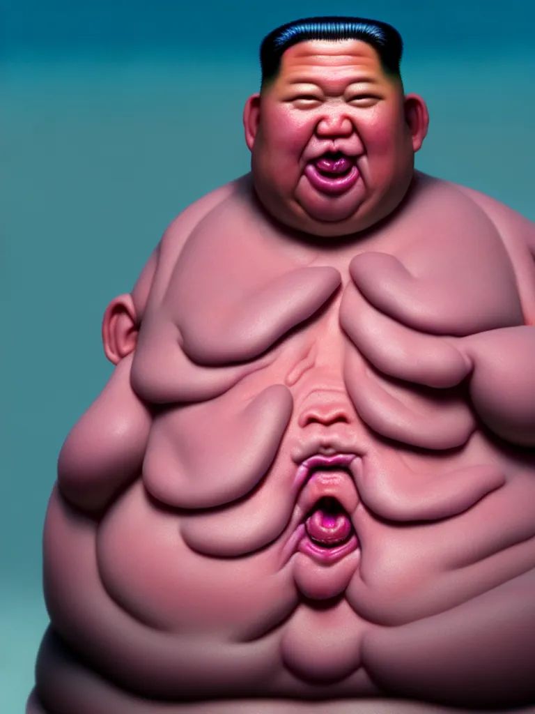 Image similar to hyperrealistic rendering, fat smooth cronenberg flesh monster kim jong - un by donato giancola and greg rutkowski and wayne barlow and zdzisław beksinski, product photography, action figure, sofubi, studio lighting, colored gels, colored background