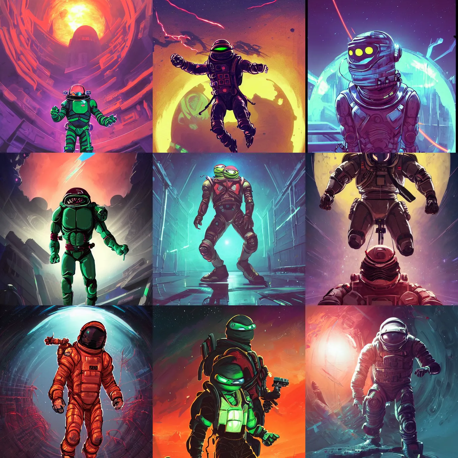 Prompt: Sci-fi Ninja turtle warrior in a spacesuit exploring alien infested space station, horror feeling, horror lightning, foreboding, dark video game icon design, 2d game fanart, Behance HD, by Jesper Ejsing, highly detailed, by RHADS, Makoto Shinkai and Lois van Baarle, Ilya Kuvshinov, Rossdraws, global illumination