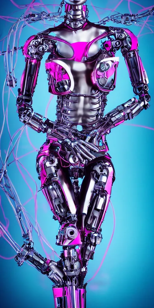 Prompt: full body portrait of beautiful female biomechanical robot, chrome skin, inside a futuristic spaceship, cyan and magenta colors, soft light, feminine figure, gorgeous, pretty face, wires and black metal, beautiful fashion model body, high detail, hyper realistic