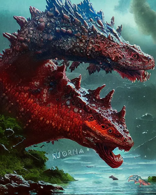 Prompt: Godzilla-like beautiful giant kaiju sized pond dragon half fish half salamander, wet amphibious skin, red salamander, axolotl creature, koi pond, korean village by Ruan Jia and Gil Elvgren, fullbody