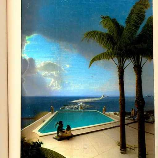 Image similar to Balustrade party, thunderstorm, greek pool, beach and palm trees on the background major arcana sky, by paul delaroche, magazine photo from 2007, hyperrealistic 8k, very detailed