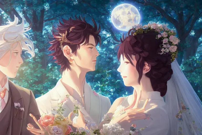 Image similar to a dreamlike portrait of wedding close up moment of a divine a japan sun god and moon goddess lovers magician at a wedding banquet. highly detailed, digital painting, fantasy wedding screen, 8 k realistic, hyper detailed, by makoto shinkai and akihiko yoshida and hidari and wlop