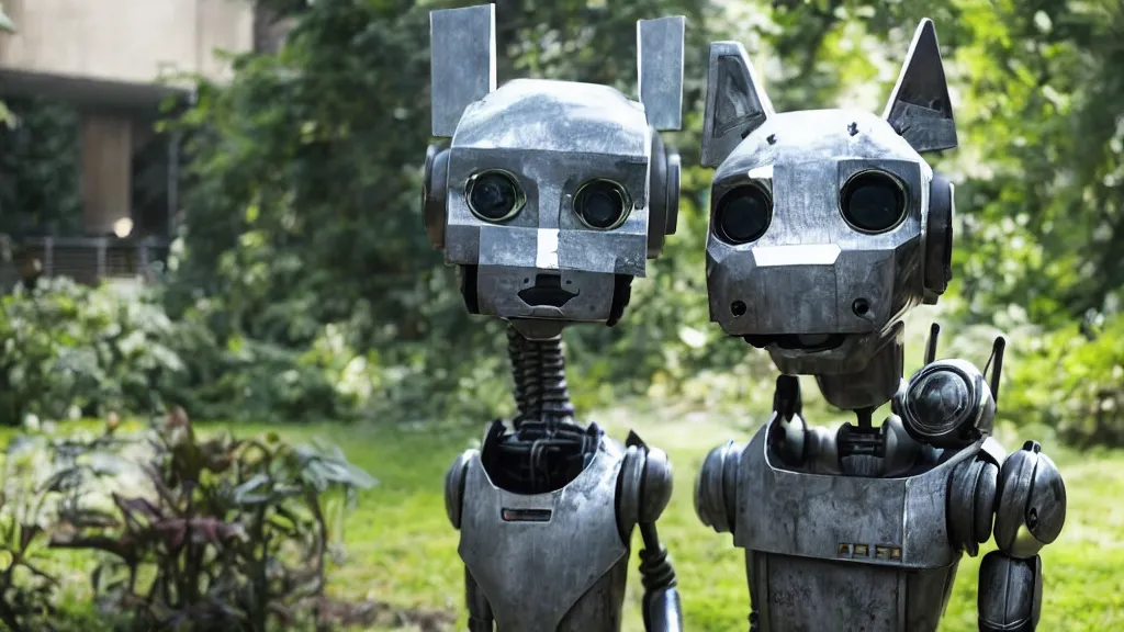 Image similar to film still from the movie chappie of the robot chappie shiny metal outdoor park plants garden scene bokeh depth of field furry anthro anthropomorphic stylized cat ears head android service droid robot machine fursona