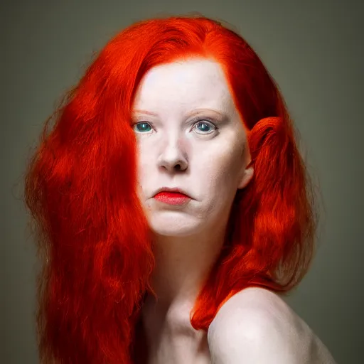 Prompt: a color photo portrait of a woman with red hair in the style of richard avedon, 7 5 mm lens, studio lighting.