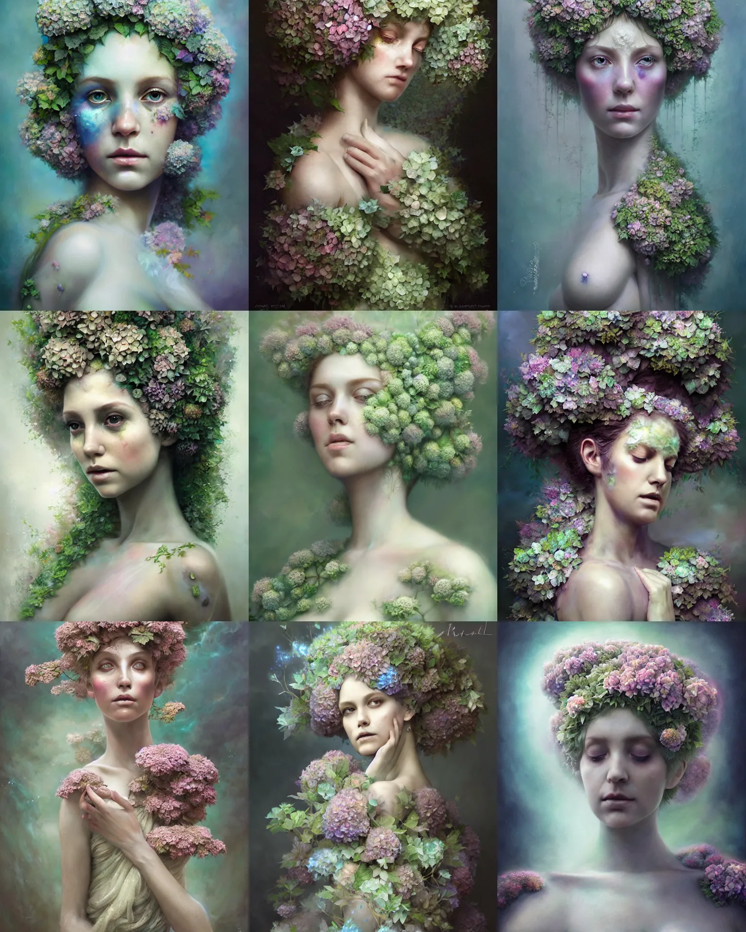 Prompt: realistic ethereal hydrangea dryad wearing beautiful dress, deity of hydrangeas made of hydrangeas, soft cool tones, by Alberto Seveso and Anna Dittman, Tom bagshaw, craig mullins, artgerm, full view, Hyperdetailed, realistic oil on linen, soft lighting, featured on Artstation