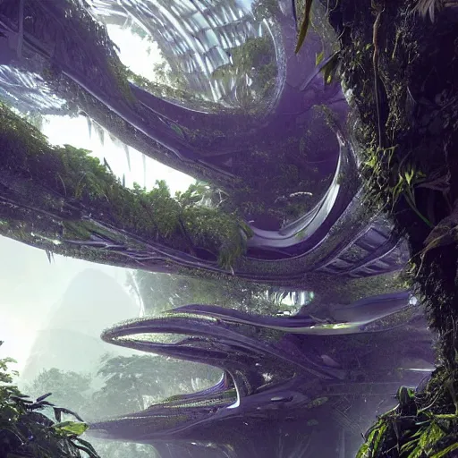 Prompt: epic, ultra detailed, hyper - real alien jungle by zaha hadid and greg rutkowski