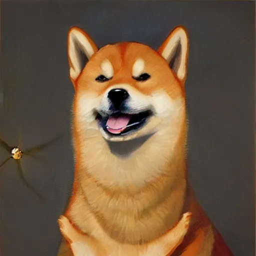 Image similar to high quality oil painting, portrait of a shiba inu dog wearing a royal crown