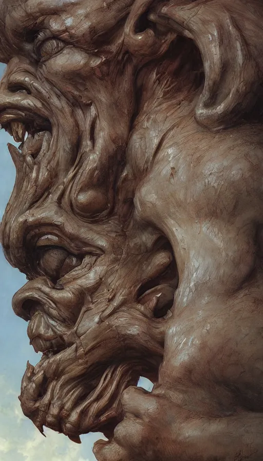 Image similar to wooden gargoyle profiles, paint texture, digital painting, highly detailed, artstation, sharp focus, sunlit, painted by ruan jia, raymond swanland, lawrence alma tadema, zdzislaw beksinski, norman rockwell, jack kirby, tom lovell, alex malveda, greg staples