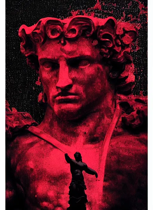 Image similar to dark design poster showing a close up of a statue of hercules, black background with very subtle red and purple design elements, powerful, nekro, vito acconci, thin straight lines, dark, glitch art, neo vaporwave, gritty, layout frame, square, extremly detailed, trending on artstation
