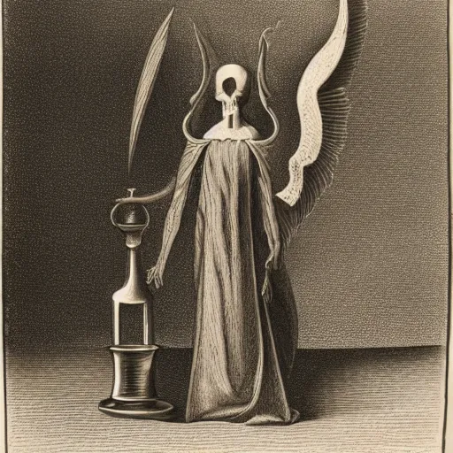 Prompt: a winged figure of death stands on top of a selection of worldly goods and holds an hourglass and a scythe. mezzotint. memento mori image