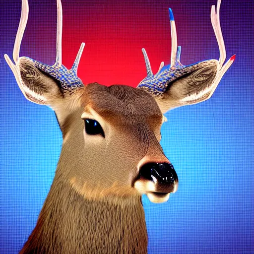 Prompt: photo of a bucktoothed deer wearing red and blue 3 d glasses