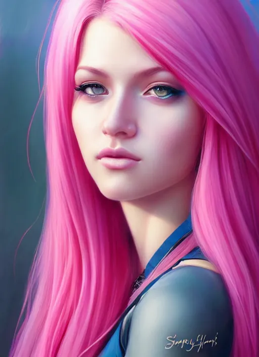 Image similar to photo of a gorgeous young woman with pink hair, in the style of stefan kostic, realistic, sharp focus, 8k high definition, insanely detailed, intricate, elegant, art by stanley lau and artgerm