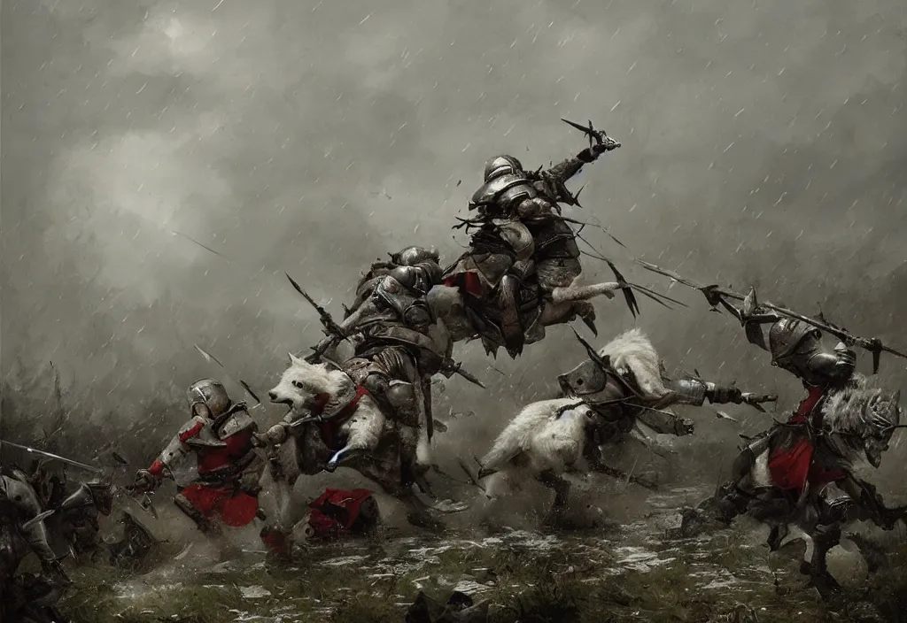 Image similar to one large white wolf fighting a medieval soldier, artstation, jakub rozalski, high detail, dramatic lighting, night, rain