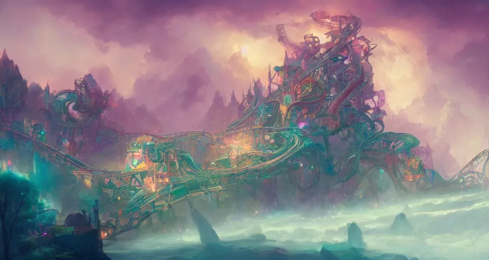 Image similar to a roller coaster with Pastel coloring by peter mohrbacher, vivid colors, matte painting, 8K, concept art, mystical color scheme, trending on artstation